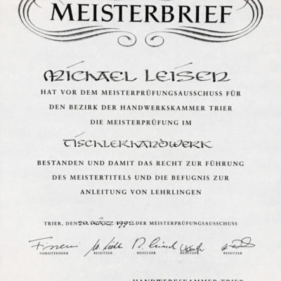 Meisterbrief Michael Leisen Tischlerhandwerk